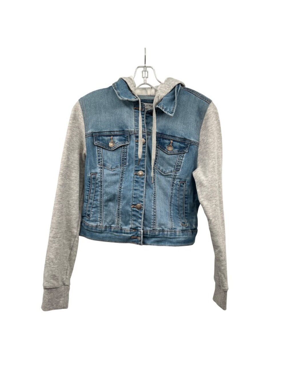 Wax Jeans Womens Jean Jacket Mixed Media Hooded Blue/Gray Size Small